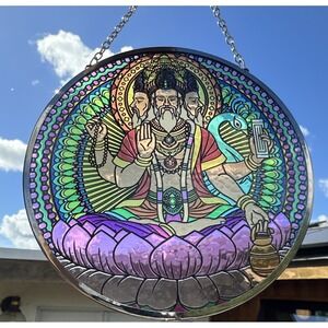 BRAHMA SUNCATCHER 6" Stained Glass Look Hindu Creator God Peacock New With Box